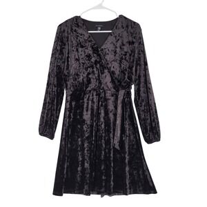 H by Halston Crushed Velvet Dress Size Small Black Long Sleeve V-Neck Faux Wrap